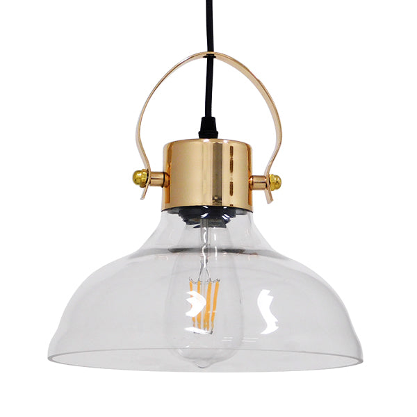 GloboStar® JAVER 00933 Vintage Κρεμαστό Φωτιστικό Οροφής Μονόφωτο Διάφανο Γυάλινο Καμπάνα με Χρυσό Ντουί Φ24 x Υ24cm - ledmania.gr