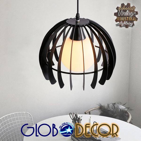 GloboStar® INGLEY 01226 Μοντέρνο Κρεμαστό Φωτιστικό Οροφής Μονόφωτο Μαύρο Μεταλλικό Πλέγμα με Λευκό Γυαλί Φ26 x Y21cm - ledmania.gr