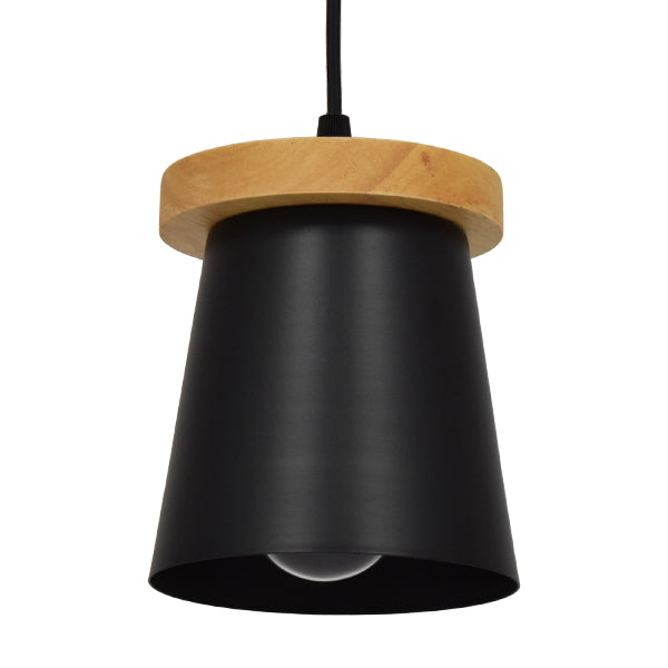 GloboStar® LANA 01424 Μοντέρνο Κρεμαστό Φωτιστικό Οροφής Μονόφωτο με Ξύλινη Βάση και Μαύρο Καπέλο Φ13 x Y17cm - ledmania.gr