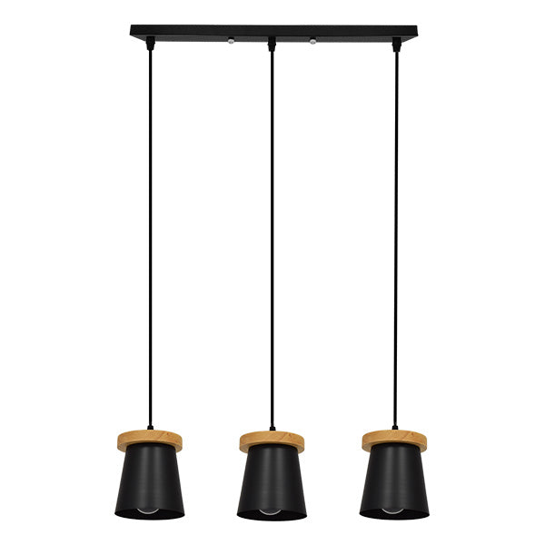 GloboStar® LANA 01425 ΣΕΤ Μοντέρνο Κρεμαστό Φωτιστικό Οροφής Τρίφωτο με Ξύλινη Βάση και Μαύρο Καπέλο Φ13 x Μ58 x Y17cm - ledmania.gr