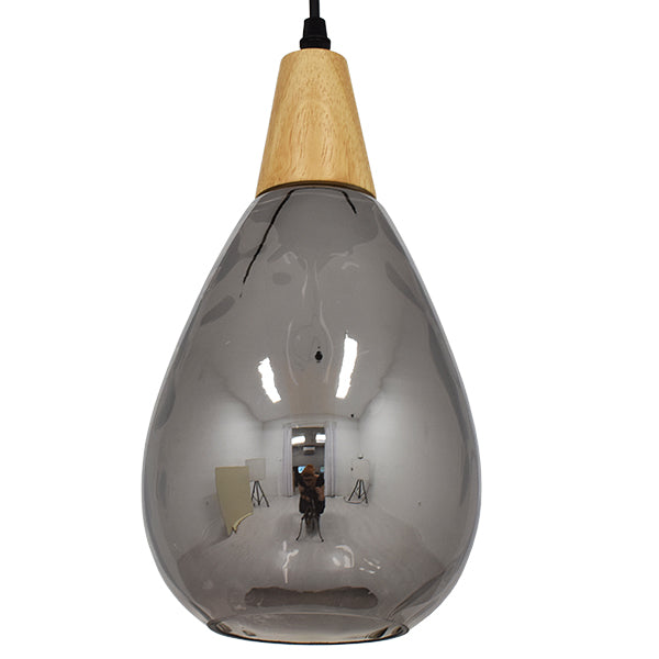 GloboStar® NOAH 01489 Μοντέρνο Κρεμαστό Φωτιστικό Οροφής Μονόφωτο Γυάλινο με Ξύλο Μαύρο Φιμέ Νίκελ Φ16 x Υ30cm - ledmania.gr