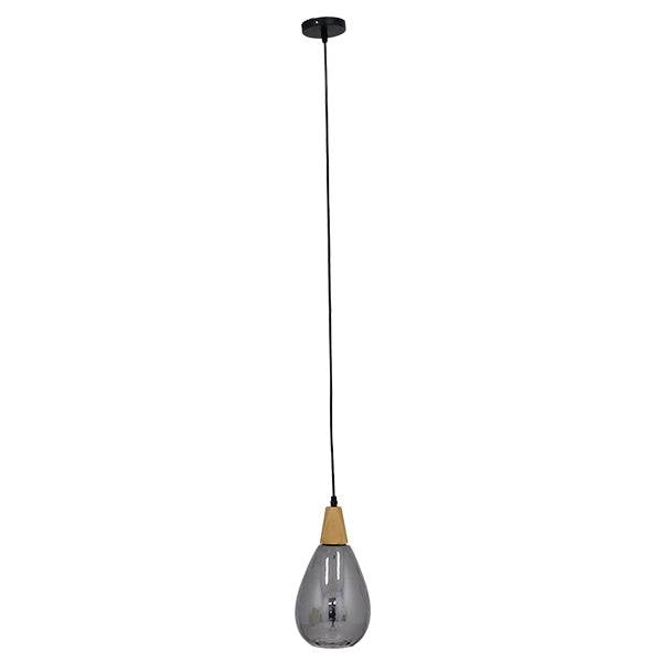 GloboStar® NOAH 01489 Μοντέρνο Κρεμαστό Φωτιστικό Οροφής Μονόφωτο Γυάλινο με Ξύλο Μαύρο Φιμέ Νίκελ Φ16 x Υ30cm - ledmania.gr