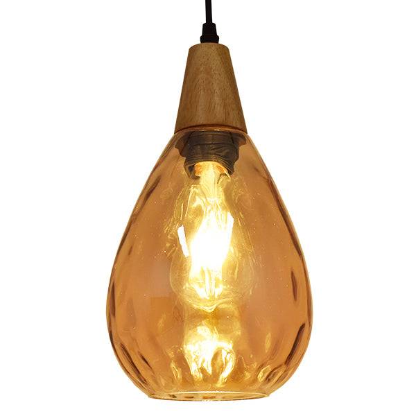 GloboStar® NOAH 01490 Μοντέρνο Κρεμαστό Φωτιστικό Οροφής Μονόφωτο Γυάλινο με Ξύλο Μελί Φ16 x Υ30cm - ledmania.gr