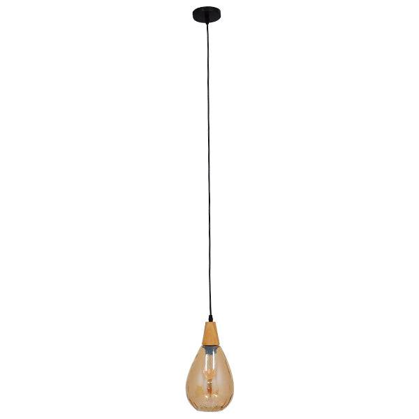 GloboStar® NOAH 01490 Μοντέρνο Κρεμαστό Φωτιστικό Οροφής Μονόφωτο Γυάλινο με Ξύλο Μελί Φ16 x Υ30cm - ledmania.gr