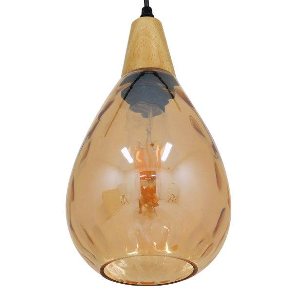 GloboStar® NOAH 01490 Μοντέρνο Κρεμαστό Φωτιστικό Οροφής Μονόφωτο Γυάλινο με Ξύλο Μελί Φ16 x Υ30cm - ledmania.gr