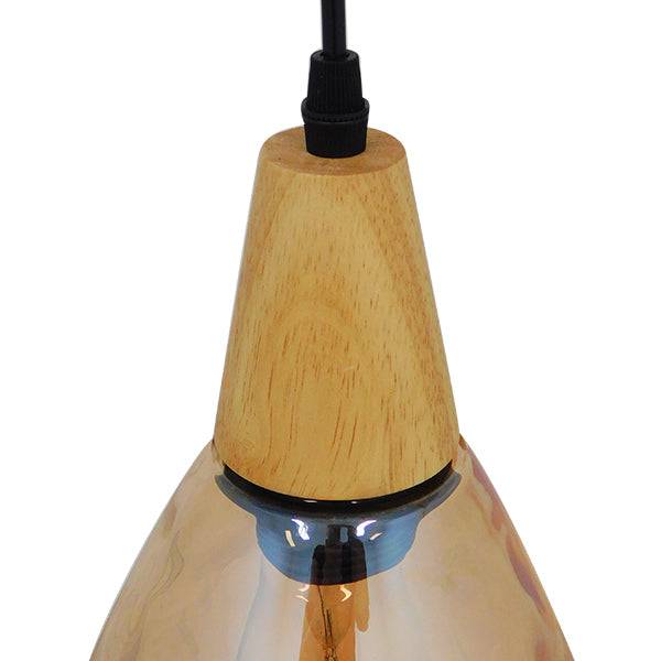 GloboStar® NOAH 01490 Μοντέρνο Κρεμαστό Φωτιστικό Οροφής Μονόφωτο Γυάλινο με Ξύλο Μελί Φ16 x Υ30cm - ledmania.gr
