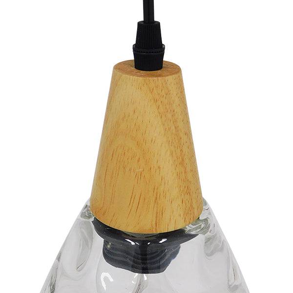 GloboStar® NOAH 01491 Μοντέρνο Κρεμαστό Φωτιστικό Οροφής Μονόφωτο Γυάλινο με Ξύλο Διάφανο Φ16 x Υ30cm - ledmania.gr