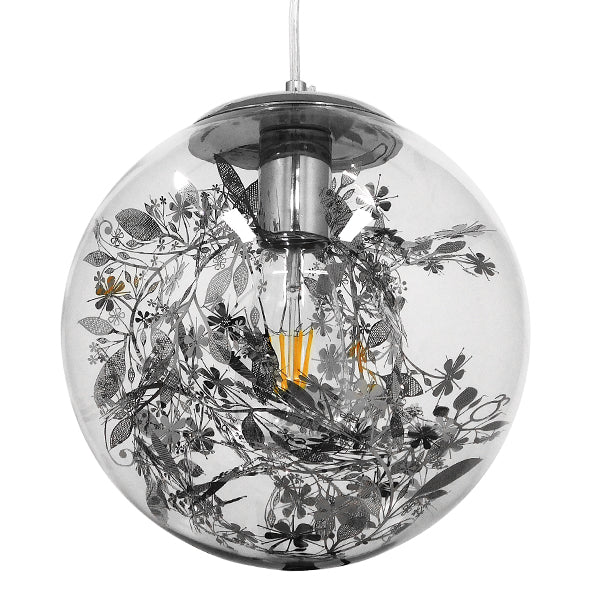 GloboStar® HARPER 01510 Μοντέρνο Κρεμαστό Φωτιστικό Οροφής Μονόφωτο Γυάλινο Διάφανο με Ασημί Νίκελ Γιρλάντα Φ25 x Υ30cm - ledmania.gr