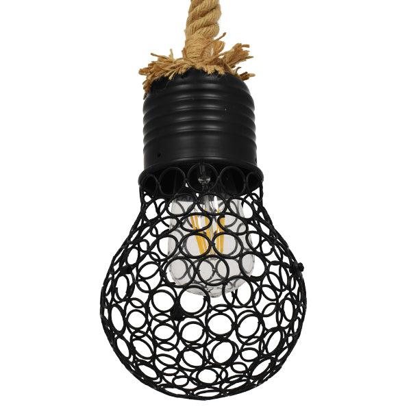 GloboStar® URBAN 01521 Vintage Industrial Κρεμαστό Φωτιστικό Οροφής Μονόφωτο Μαύρο Μεταλλικό Πλέγμα με Μπεζ Σχοινί Φ15 x Υ25cm - ledmania.gr