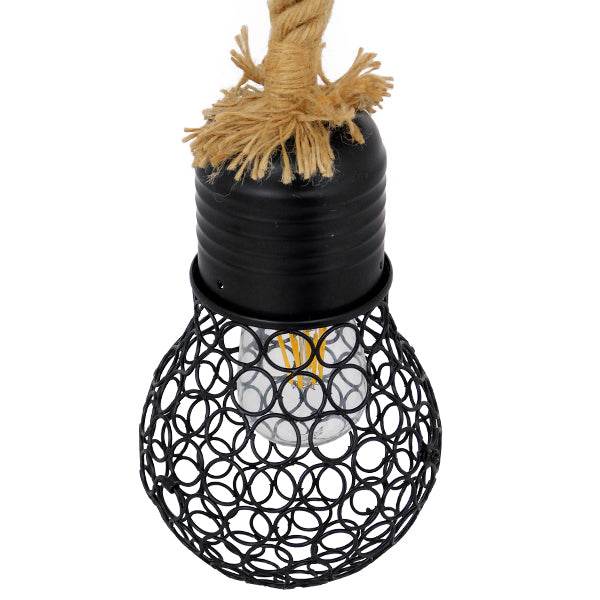 GloboStar® URBAN 01521 Vintage Industrial Κρεμαστό Φωτιστικό Οροφής Μονόφωτο Μαύρο Μεταλλικό Πλέγμα με Μπεζ Σχοινί Φ15 x Υ25cm - ledmania.gr