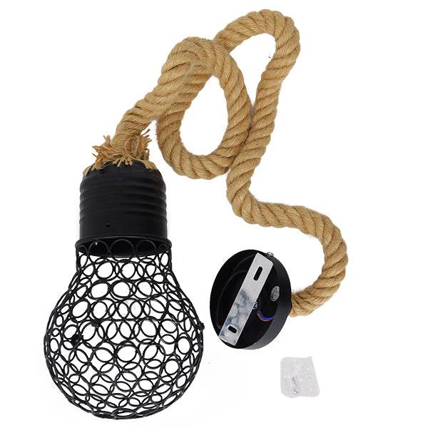 GloboStar® URBAN 01521 Vintage Industrial Κρεμαστό Φωτιστικό Οροφής Μονόφωτο Μαύρο Μεταλλικό Πλέγμα με Μπεζ Σχοινί Φ15 x Υ25cm - ledmania.gr