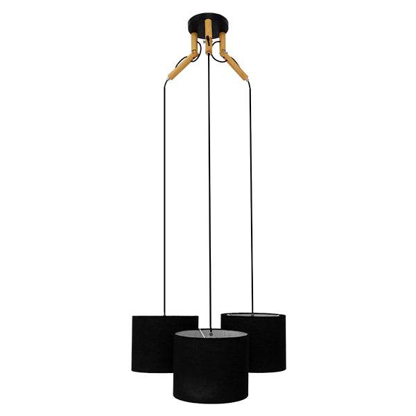 GloboStar® RAMSON 01525 Μοντέρνο Κρεμαστό Φωτιστικό Οροφής Τρίφωτο Μαύρο με Ξύλο και Υφασμάτινα Καπελα Φ67 x Υ65cm - ledmania.gr