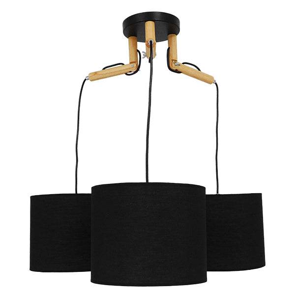 GloboStar® RAMSON 01525 Μοντέρνο Κρεμαστό Φωτιστικό Οροφής Τρίφωτο Μαύρο με Ξύλο και Υφασμάτινα Καπελα Φ67 x Υ65cm - ledmania.gr