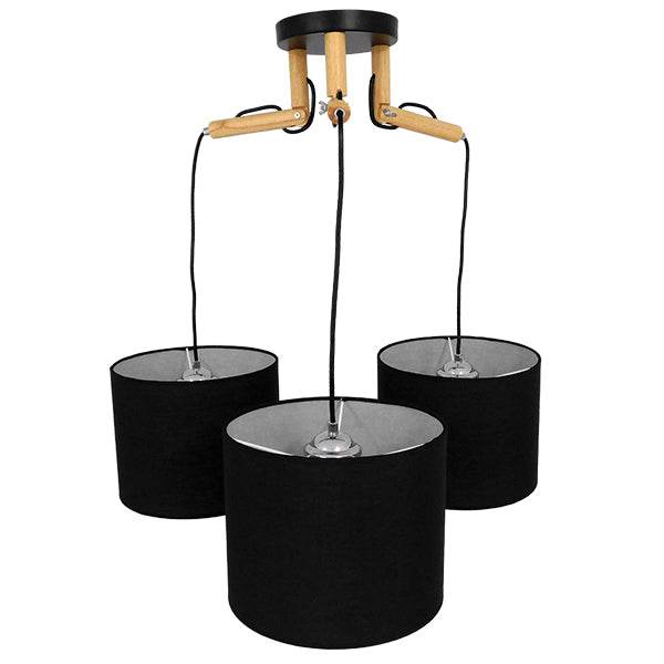 GloboStar® RAMSON 01525 Μοντέρνο Κρεμαστό Φωτιστικό Οροφής Τρίφωτο Μαύρο με Ξύλο και Υφασμάτινα Καπελα Φ67 x Υ65cm - ledmania.gr
