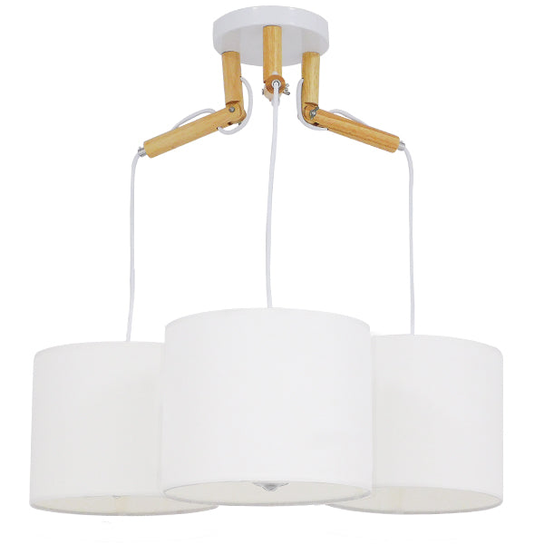 GloboStar® RAMSON 01526 Μοντέρνο Κρεμαστό Φωτιστικό Οροφής Τρίφωτο Λευκό με Ξύλο και Υφασμάτινα Καπελα Φ67 x Υ65cm - ledmania.gr