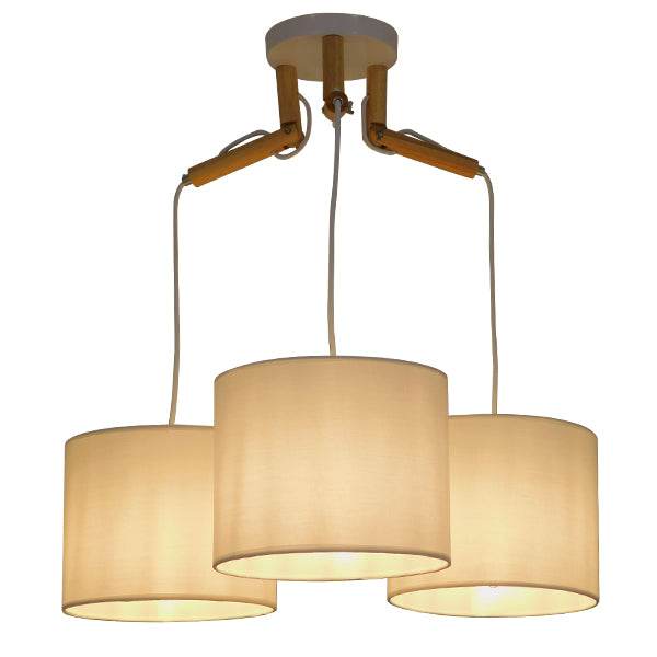 GloboStar® RAMSON 01526 Μοντέρνο Κρεμαστό Φωτιστικό Οροφής Τρίφωτο Λευκό με Ξύλο και Υφασμάτινα Καπελα Φ67 x Υ65cm - ledmania.gr