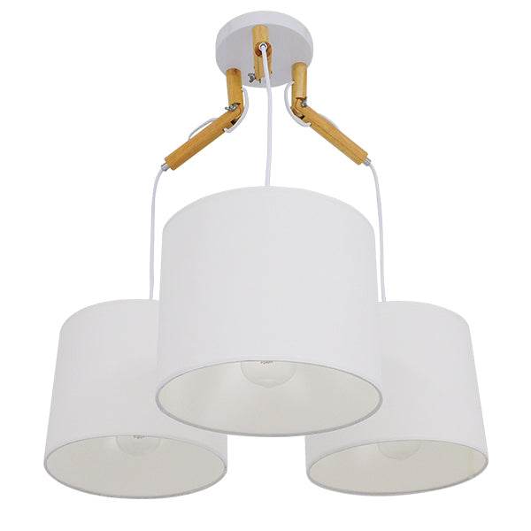 GloboStar® RAMSON 01526 Μοντέρνο Κρεμαστό Φωτιστικό Οροφής Τρίφωτο Λευκό με Ξύλο και Υφασμάτινα Καπελα Φ67 x Υ65cm - ledmania.gr