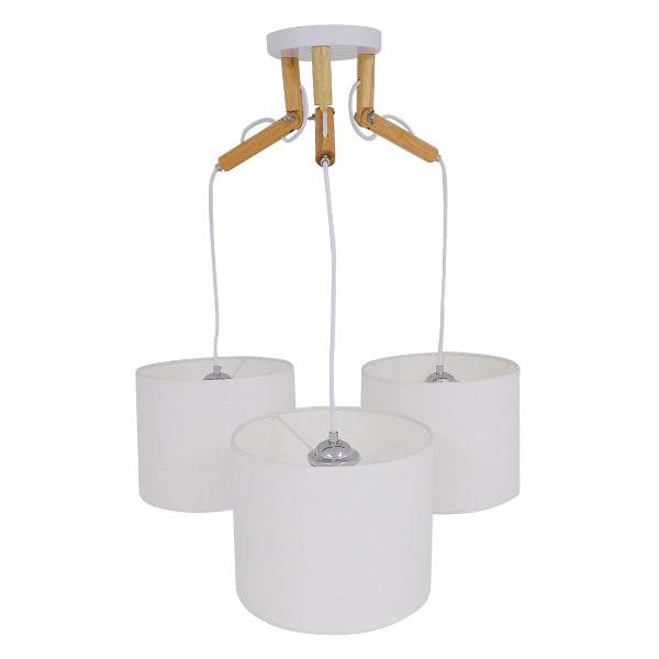 GloboStar® RAMSON 01526 Μοντέρνο Κρεμαστό Φωτιστικό Οροφής Τρίφωτο Λευκό με Ξύλο και Υφασμάτινα Καπελα Φ67 x Υ65cm - ledmania.gr