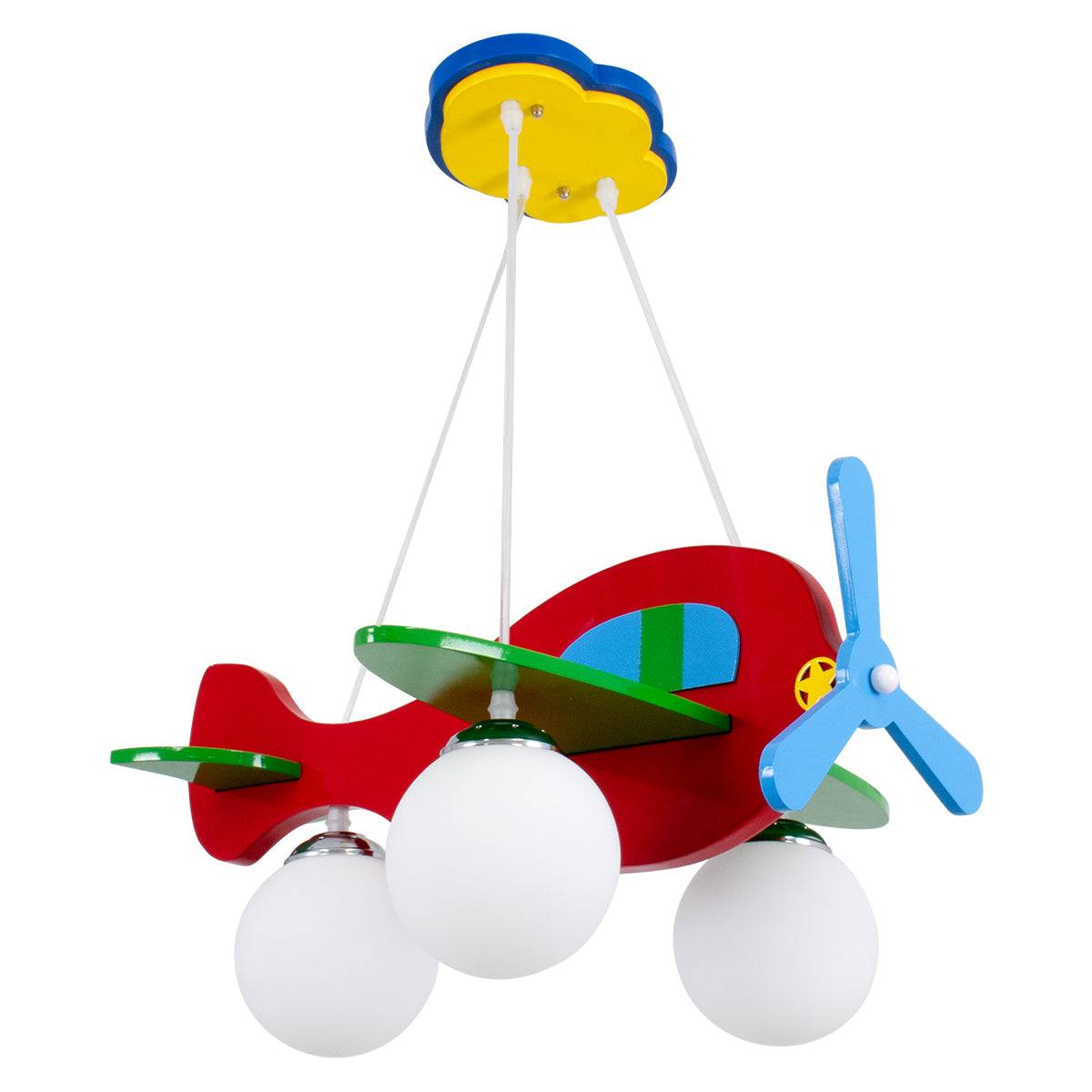 GloboStar® AIRPLANE 01575 Μοντέρνο Κρεμαστό Παιδικό Φωτιστικό Οροφής Τρίφωτο Φιγούρα Πολύχρωμο Ξύλινο Μ51 x Π49 x Υ26cm - ledmania.gr