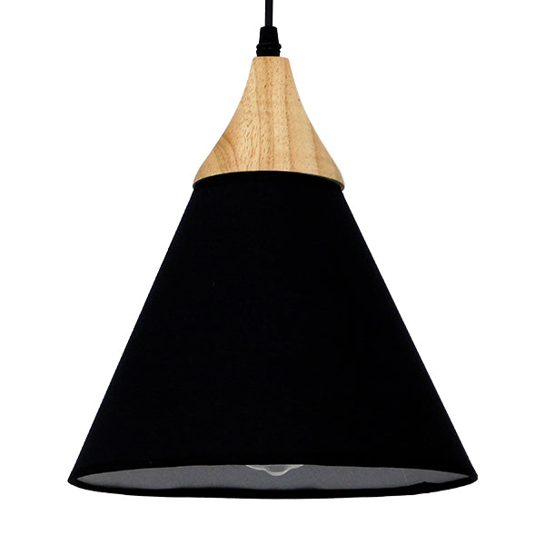 GloboStar® SHADE TEXTILE 01576 Μοντέρνο Κρεμαστό Φωτιστικό Οροφής Μονόφωτο Μαύρο Υφασμάτινο με Ξύλο Καμπάνα Φ25 x Υ30cm - ledmania.gr