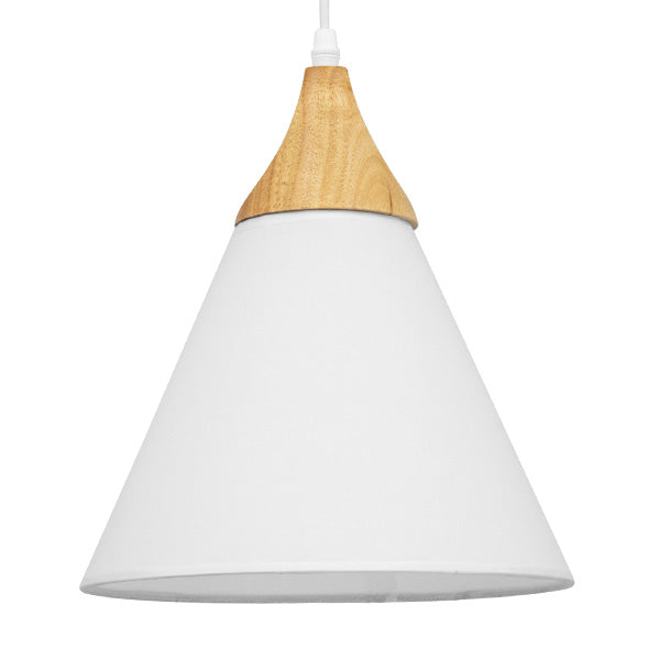 GloboStar® SHADE TEXTILE 01577 Μοντέρνο Κρεμαστό Φωτιστικό Οροφής Μονόφωτο Λευκό Υφασμάτινο με Ξύλο Καμπάνα Φ25 x 30cm - ledmania.gr