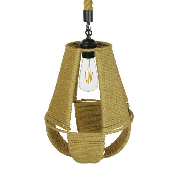 GloboStar® POLIA 01608 Vintage Κρεμαστό Φωτιστικό Οροφής Μονόφωτο Πλέγμα με Μπεζ Σχοινί Φ30 x Υ42cm - ledmania.gr