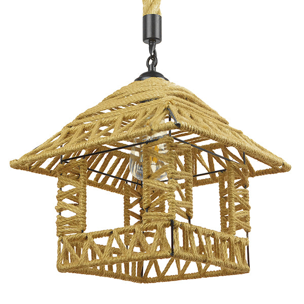 GloboStar® SPIKY 01613 Vintage Κρεμαστό Φωτιστικό Οροφής Μονόφωτο Πλέγμα με Μπεζ Σχοινί Φ43 x Υ28cm - ledmania.gr