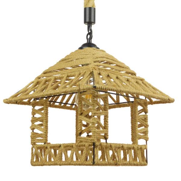 GloboStar® SPIKY 01613 Vintage Κρεμαστό Φωτιστικό Οροφής Μονόφωτο Πλέγμα με Μπεζ Σχοινί Φ43 x Υ28cm - ledmania.gr