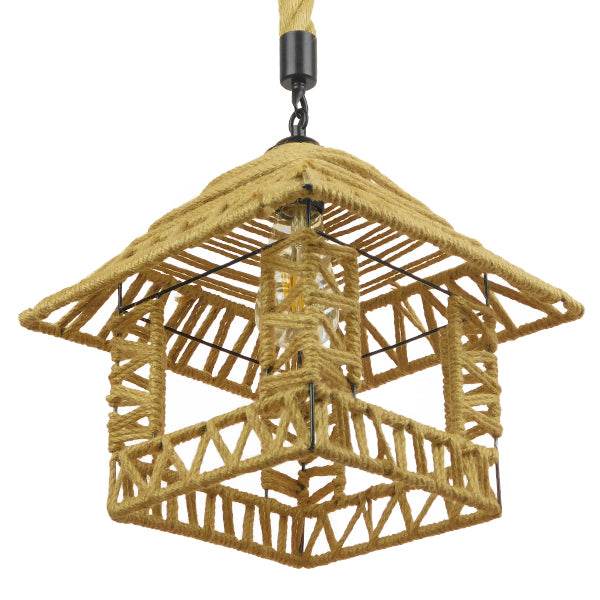 GloboStar® SPIKY 01613 Vintage Κρεμαστό Φωτιστικό Οροφής Μονόφωτο Πλέγμα με Μπεζ Σχοινί Φ43 x Υ28cm - ledmania.gr