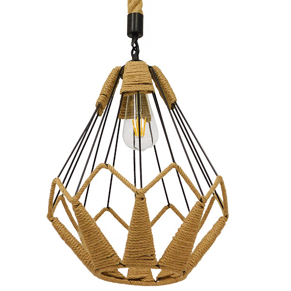 GloboStar® CONICAL 01617 Vintage Κρεμαστό Φωτιστικό Οροφής Μονόφωτο Πλέγμα με Μπεζ Σχοινί Φ31 x Υ38cm - ledmania.gr