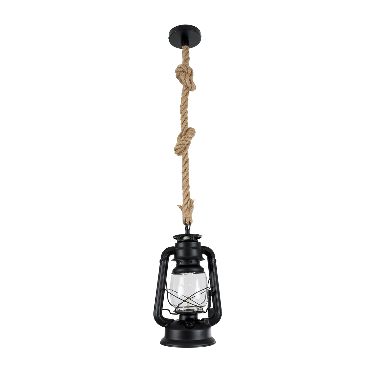 GloboStar® BARBAROSSA 01704 Vintage Κρεμαστό Φωτιστικό Οροφής Μονόφωτο 1 x E27 AC220-240V IP20 - Φ18 x Υ28cm - Μαύρο Μεταλλικό με Διάφανο Γυαλί και Ανάρτηση Σχοινί Τριχιάς - 5 Χρόνια Εγγύηση - ledmania.gr