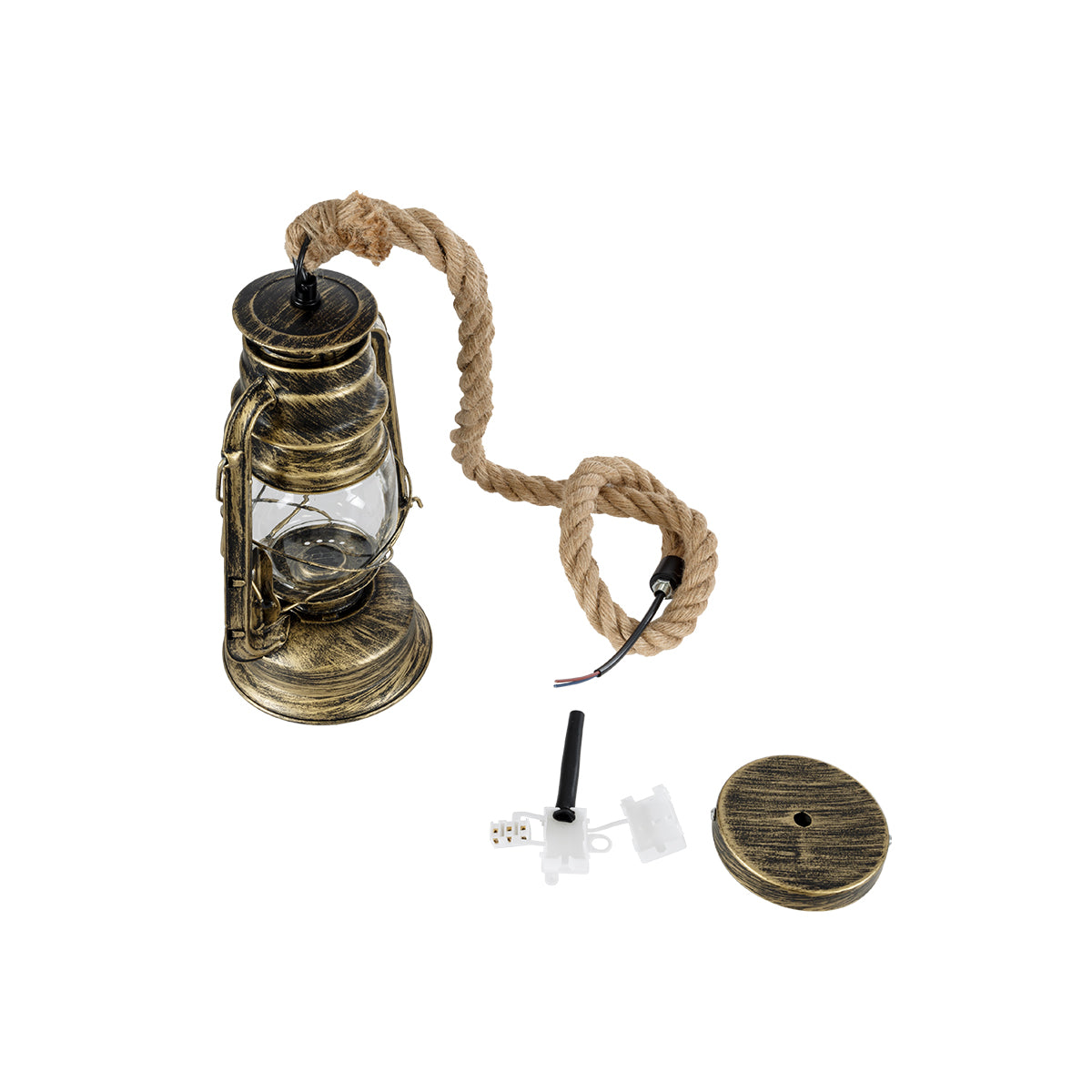 GloboStar® BARBAROSSA 01705 Vintage Κρεμαστό Φωτιστικό Οροφής Μονόφωτο 1 x E27 AC220-240V IP20 - Φ18 x Υ28cm - Χρυσό Αντικέ με Διάφανο Γυαλί και Ανάρτηση Σχοινί Τριχιάς - 5 Χρόνια Εγγύηση - ledmania.gr