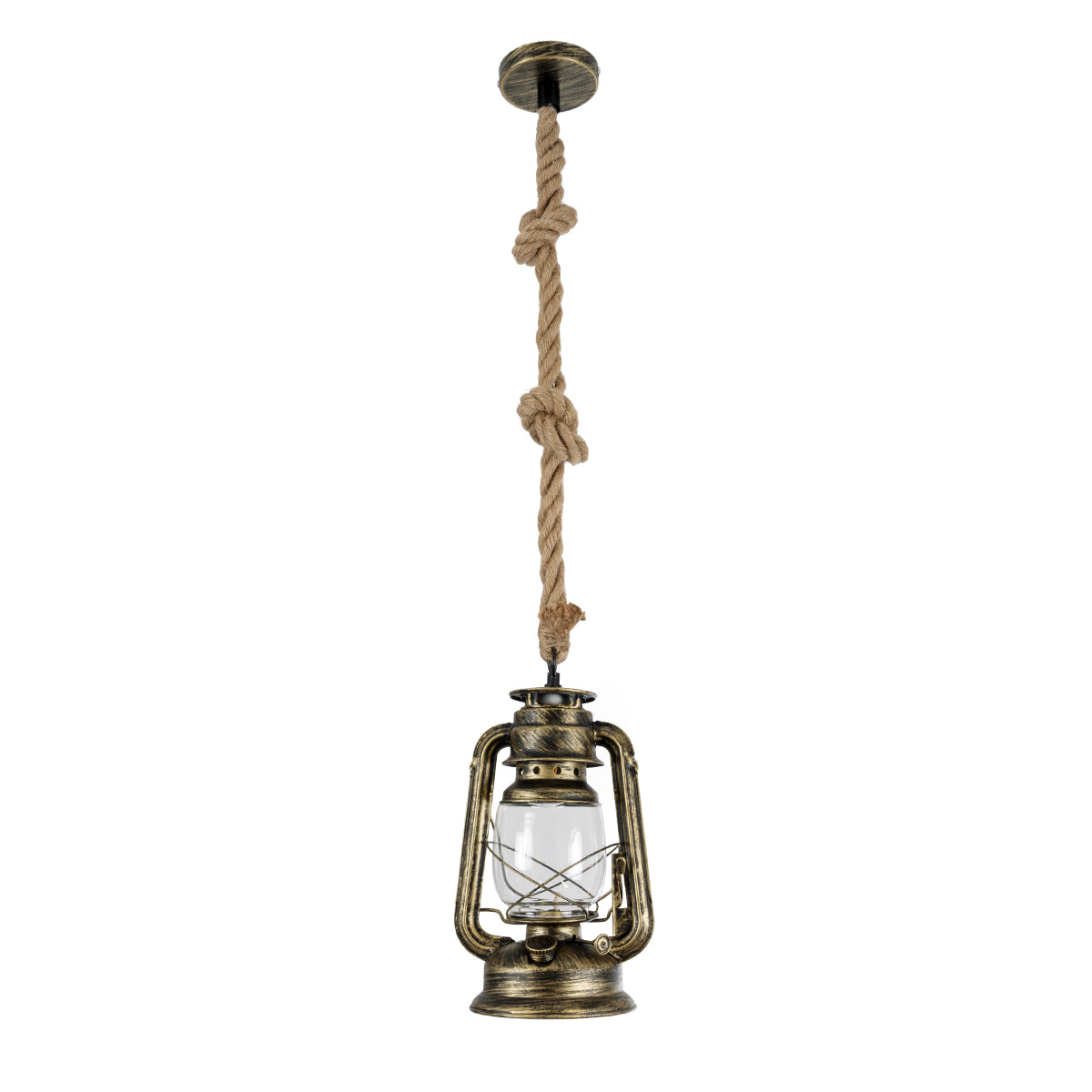 GloboStar® BARBAROSSA 01705 Vintage Κρεμαστό Φωτιστικό Οροφής Μονόφωτο 1 x E27 AC220-240V IP20 - Φ18 x Υ28cm - Χρυσό Αντικέ με Διάφανο Γυαλί και Ανάρτηση Σχοινί Τριχιάς - 5 Χρόνια Εγγύηση - ledmania.gr