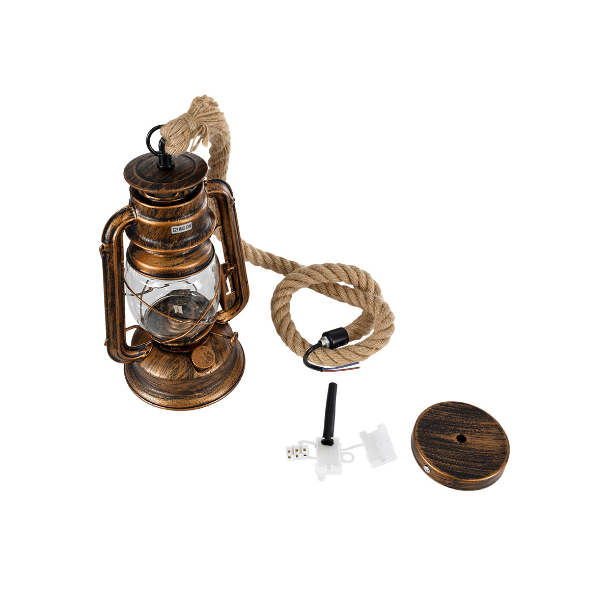 GloboStar® BARBAROSSA 01706 Vintage Κρεμαστό Φωτιστικό Οροφής Μονόφωτο 1 x E27 AC220-240V IP20 - Φ18 x Υ28cm - Μπρούτζινο Αντικέ Μεταλλικό με Διάφανο Γυαλί και Ανάρτηση Σχοινί Τριχιάς - 5 Χρόνια Εγγύηση - ledmania.gr