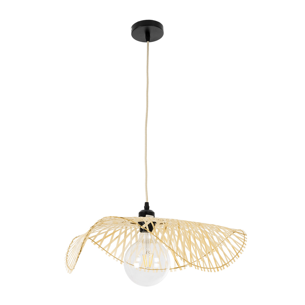 GloboStar® MELEMELE 01840 Boho Κρεμαστό Φωτιστικό Οροφής Μονόφωτο 1 x E27 AC220-240V IP20 - Φ50 x Υ7cm - Μπεζ Ξύλινο Μπαμπού Πλέγμα - 5 Χρόνια Εγγύηση - ledmania.gr