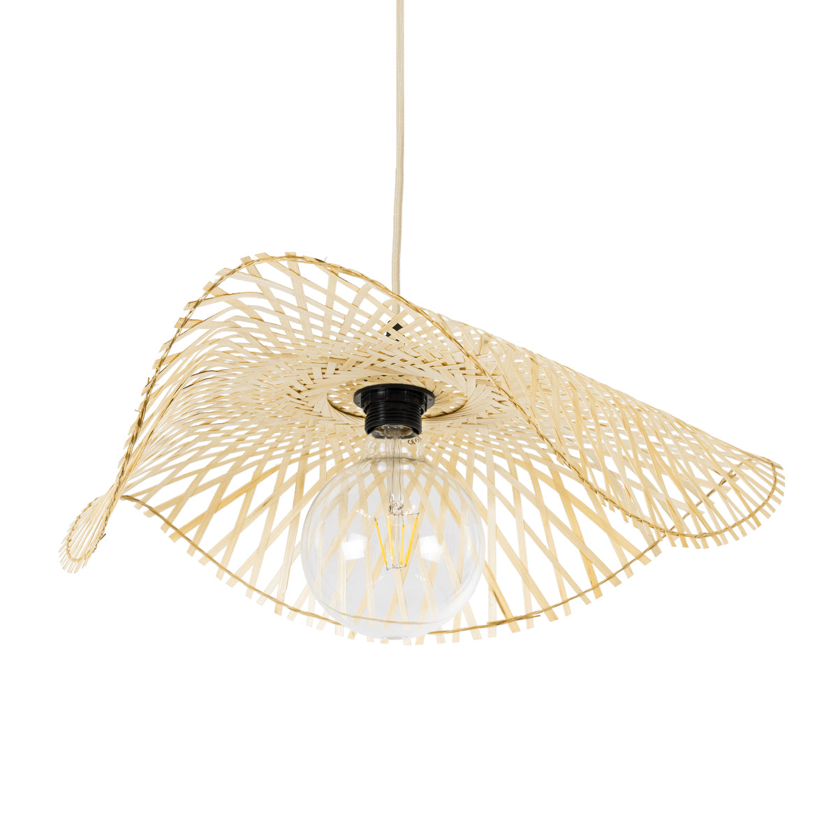 GloboStar® MELEMELE 01840 Boho Κρεμαστό Φωτιστικό Οροφής Μονόφωτο 1 x E27 AC220-240V IP20 - Φ50 x Υ7cm - Μπεζ Ξύλινο Μπαμπού Πλέγμα - 5 Χρόνια Εγγύηση - ledmania.gr
