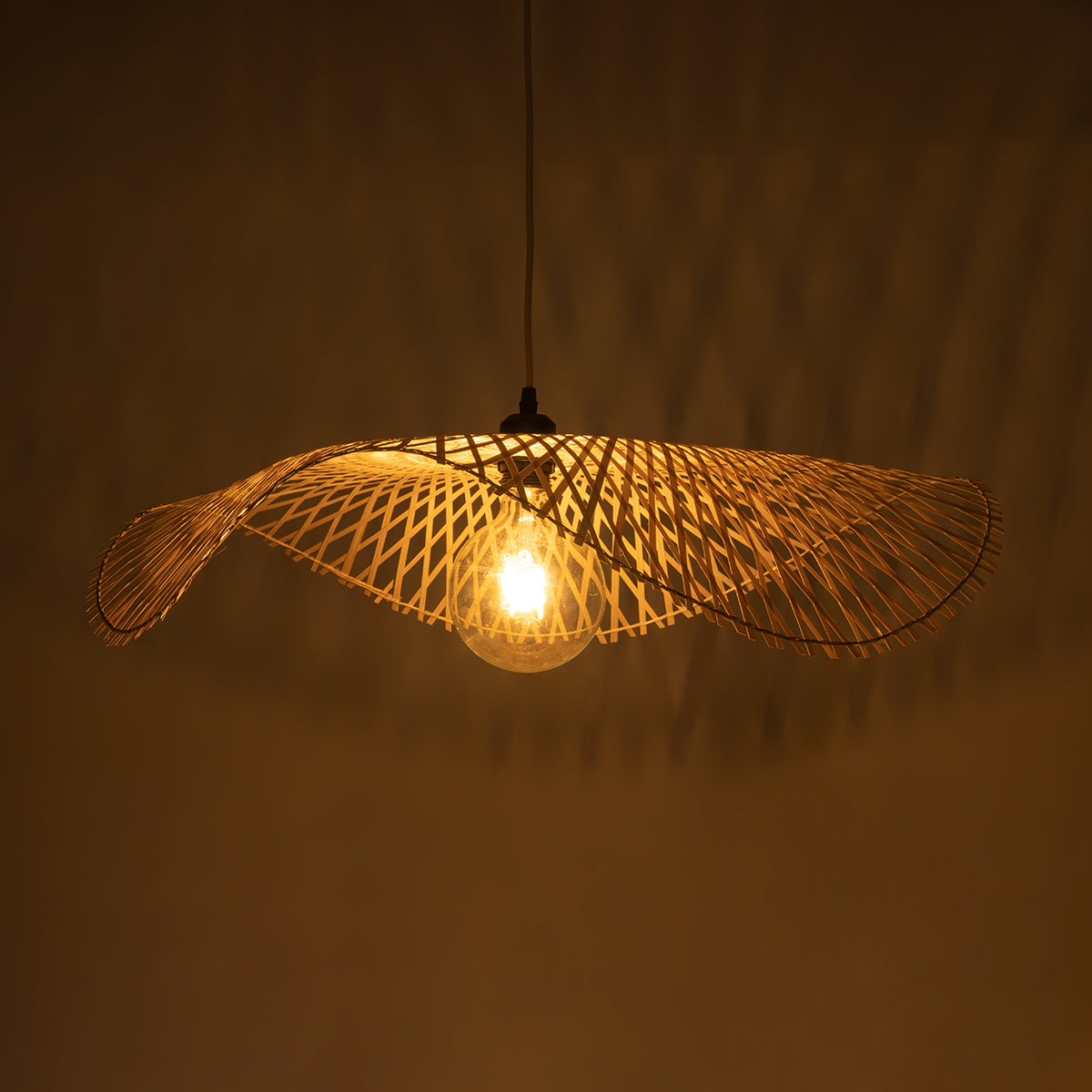GloboStar® MELEMELE 01841 Boho Κρεμαστό Φωτιστικό Οροφής Μονόφωτο 1 x E27 AC220-240V IP20 - Φ75 x Υ10cm - Μπεζ Ξύλινο Μπαμπού Πλέγμα - 5 Χρόνια Εγγύηση - ledmania.gr