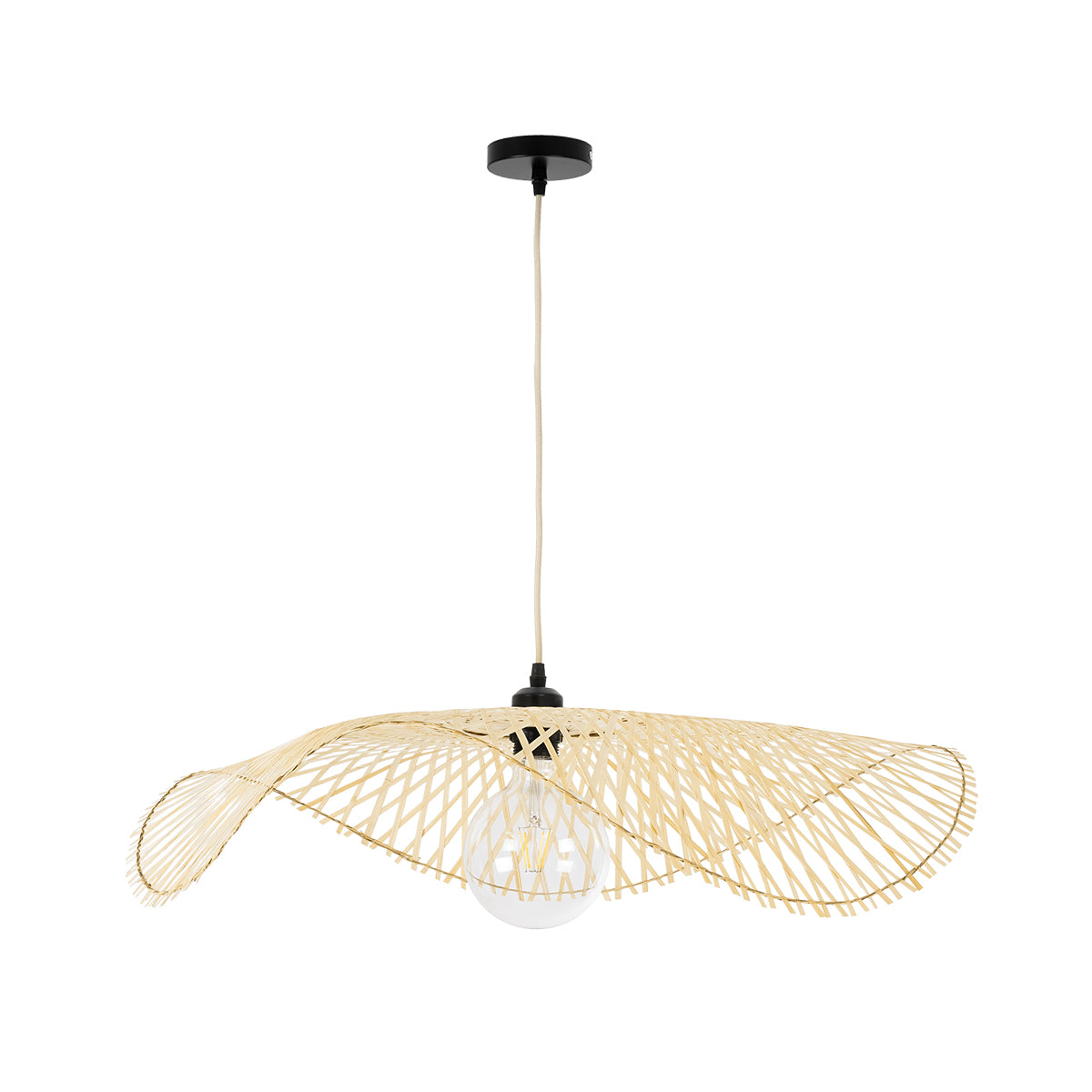 GloboStar® MELEMELE 01841 Boho Κρεμαστό Φωτιστικό Οροφής Μονόφωτο 1 x E27 AC220-240V IP20 - Φ75 x Υ10cm - Μπεζ Ξύλινο Μπαμπού Πλέγμα - 5 Χρόνια Εγγύηση - ledmania.gr