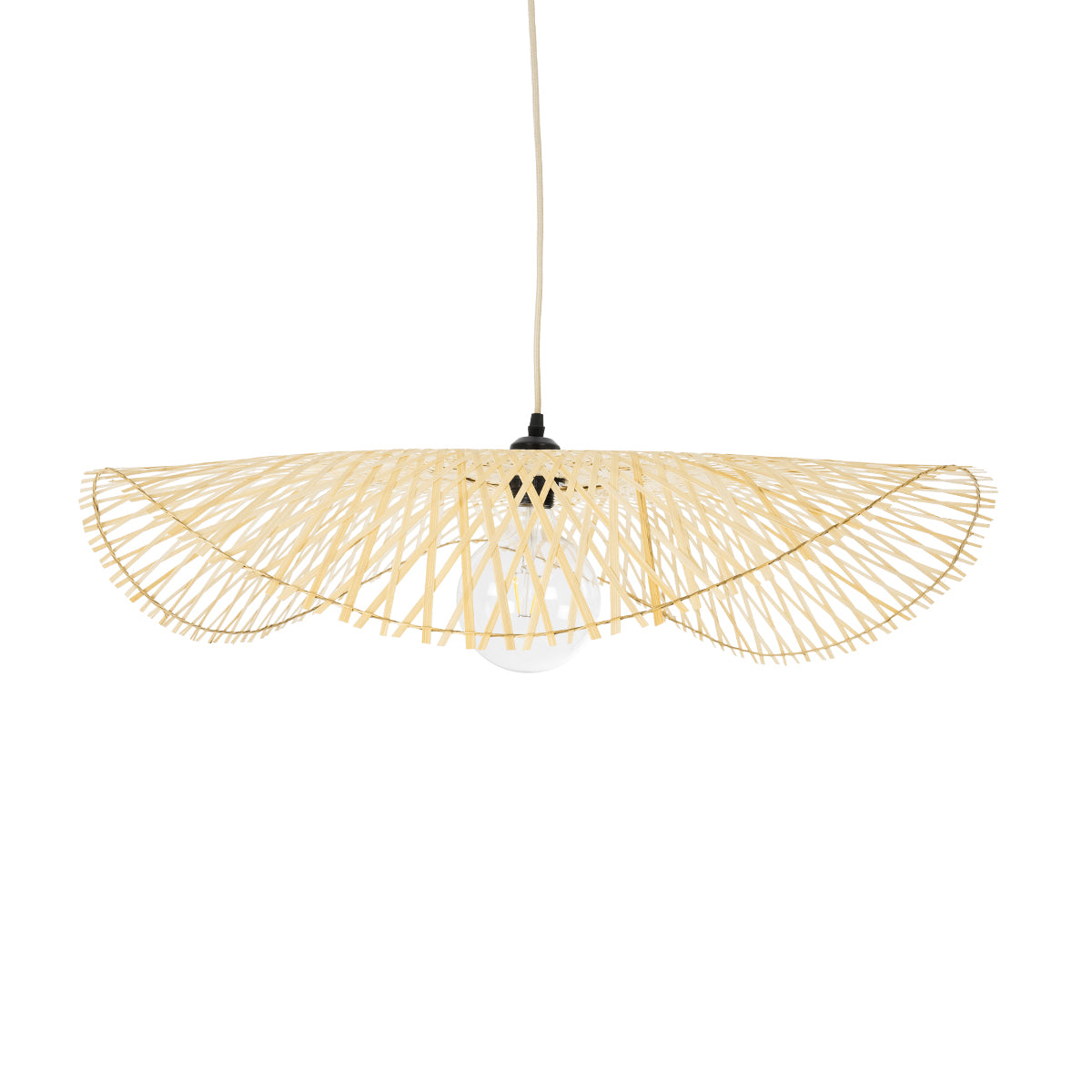 GloboStar® MELEMELE 01841 Boho Κρεμαστό Φωτιστικό Οροφής Μονόφωτο 1 x E27 AC220-240V IP20 - Φ75 x Υ10cm - Μπεζ Ξύλινο Μπαμπού Πλέγμα - 5 Χρόνια Εγγύηση - ledmania.gr