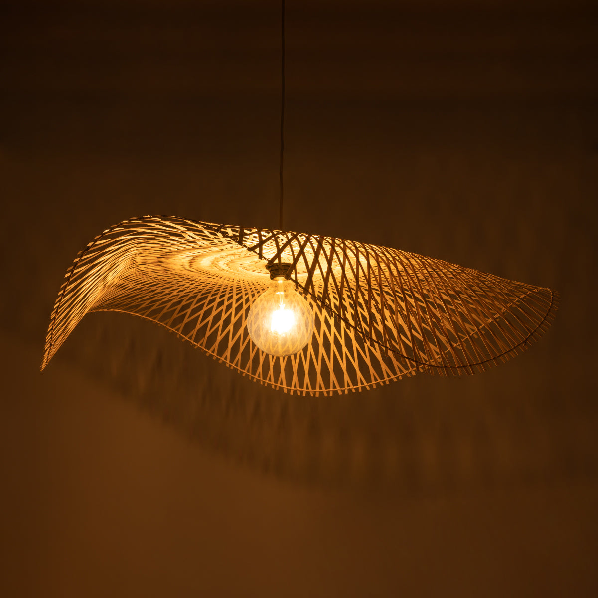 GloboStar® MELEMELE 01842 Boho Κρεμαστό Φωτιστικό Οροφής Μονόφωτο 1 x E27 AC220-240V IP20 - Φ100 x Υ12cm - Μπεζ Ξύλινο Μπαμπού Πλέγμα - 5 Χρόνια Εγγύηση - ledmania.gr