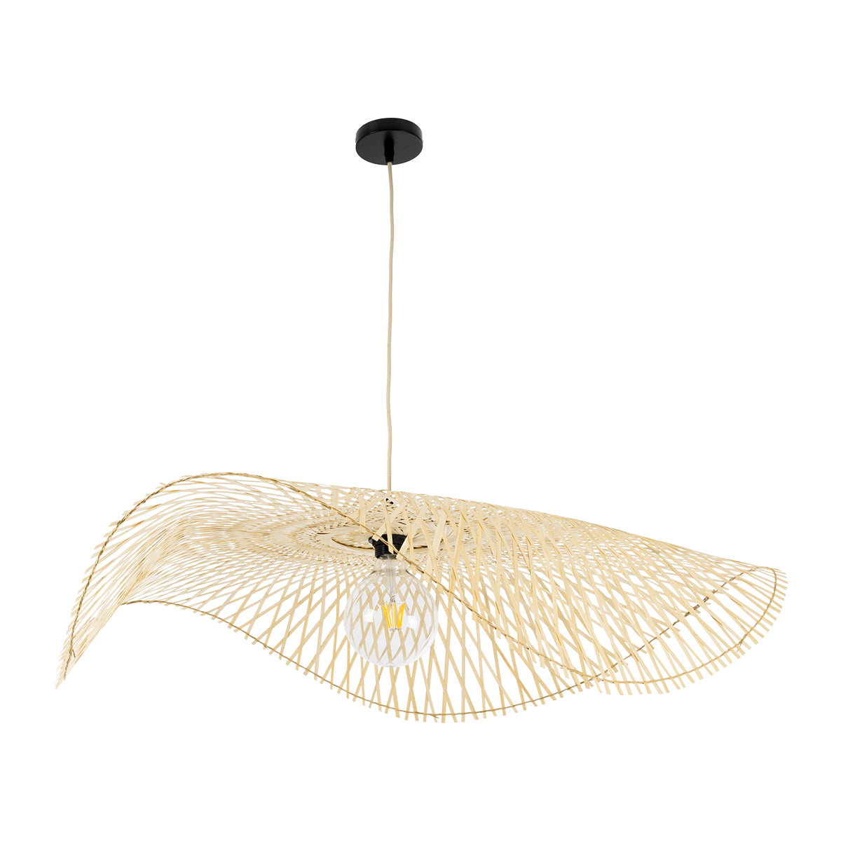 GloboStar® MELEMELE 01842 Boho Κρεμαστό Φωτιστικό Οροφής Μονόφωτο 1 x E27 AC220-240V IP20 - Φ100 x Υ12cm - Μπεζ Ξύλινο Μπαμπού Πλέγμα - 5 Χρόνια Εγγύηση - ledmania.gr