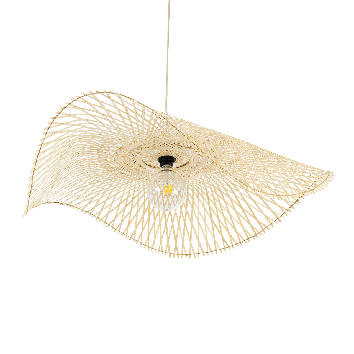 GloboStar® MELEMELE 01842 Boho Κρεμαστό Φωτιστικό Οροφής Μονόφωτο 1 x E27 AC220-240V IP20 - Φ100 x Υ12cm - Μπεζ Ξύλινο Μπαμπού Πλέγμα - 5 Χρόνια Εγγύηση - ledmania.gr