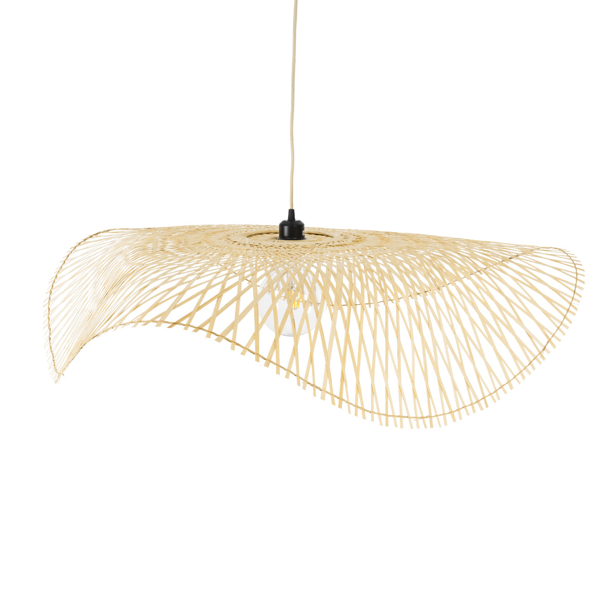 GloboStar® MELEMELE 01842 Boho Κρεμαστό Φωτιστικό Οροφής Μονόφωτο 1 x E27 AC220-240V IP20 - Φ100 x Υ12cm - Μπεζ Ξύλινο Μπαμπού Πλέγμα - 5 Χρόνια Εγγύηση - ledmania.gr