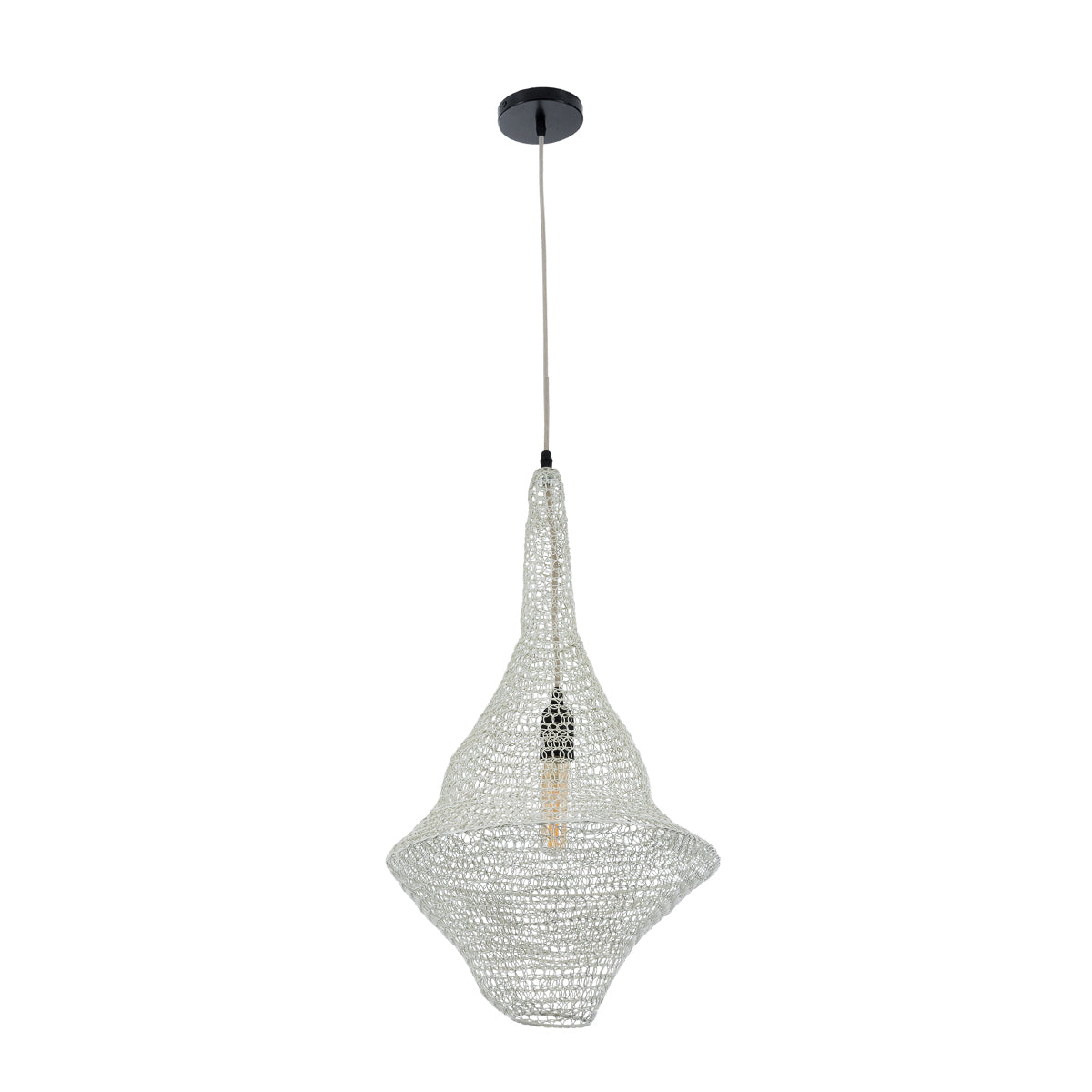 GloboStar® KENTUCKY 01871 Vintage Κρεμαστό Φωτιστικό Οροφής Μονόφωτο 1 x E27 AC220-240V IP20 - Φ35 x Υ60cm - Μπεζ Εκρού Μεταλλικό Πλέγμα - 5 Χρόνια Εγγύηση - ledmania.gr