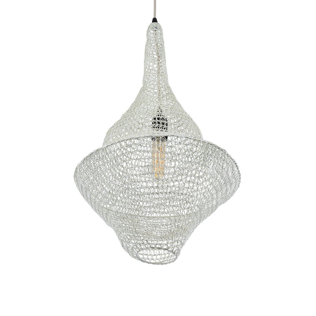 GloboStar® KENTUCKY 01871 Vintage Κρεμαστό Φωτιστικό Οροφής Μονόφωτο 1 x E27 AC220-240V IP20 - Φ35 x Υ60cm - Μπεζ Εκρού Μεταλλικό Πλέγμα - 5 Χρόνια Εγγύηση - ledmania.gr