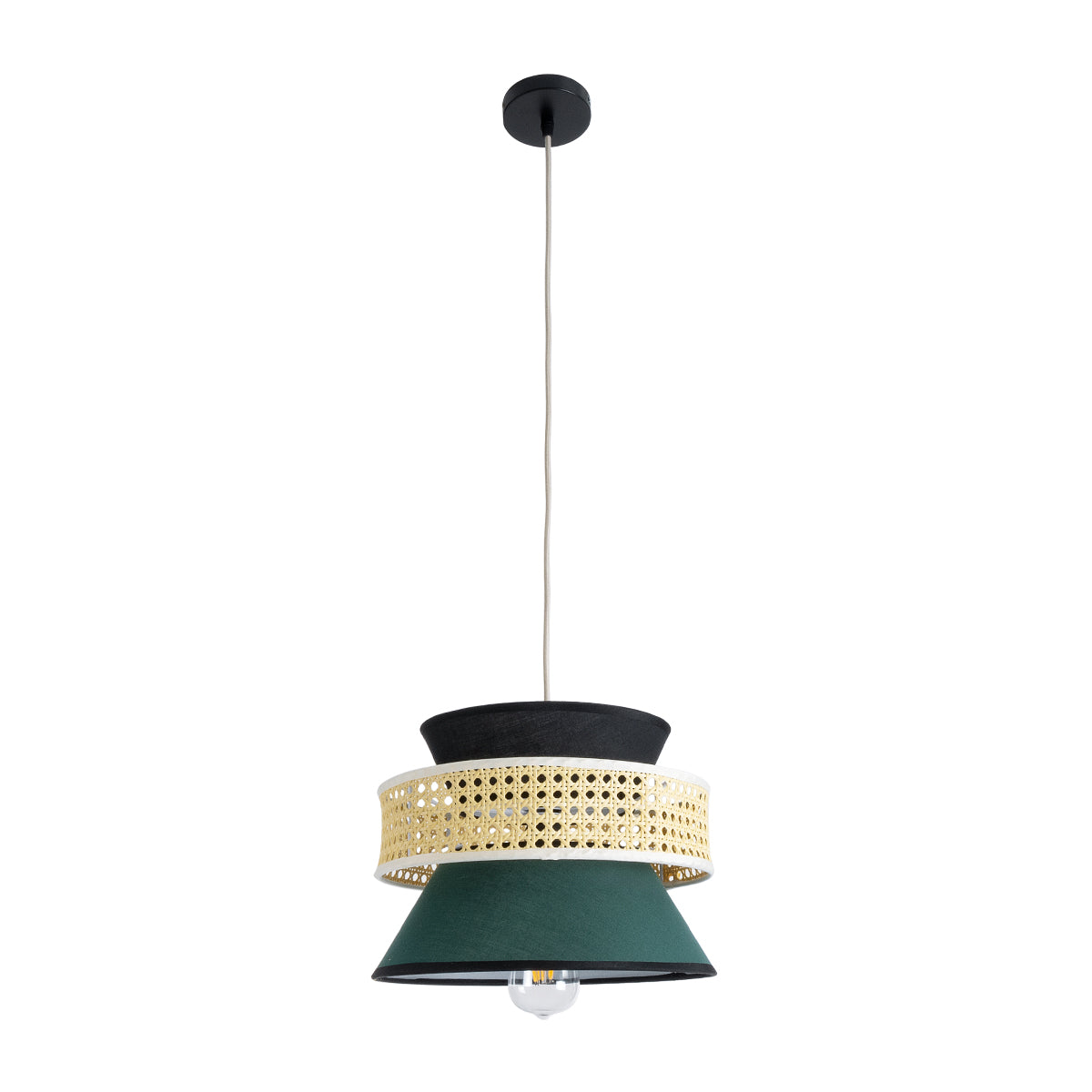 GloboStar® SAIGE 01915 Boho Κρεμαστό Φωτιστικό Οροφής Μονόφωτο 1 x E27 AC220-240V IP20 - Φ30 x Υ22cm - Μπεζ Μπαμπού Πλέγμα με Πράσινο και Μαύρο Υφασμάτινο Καπέλο - 5 Χρόνια Εγγύηση - ledmania.gr