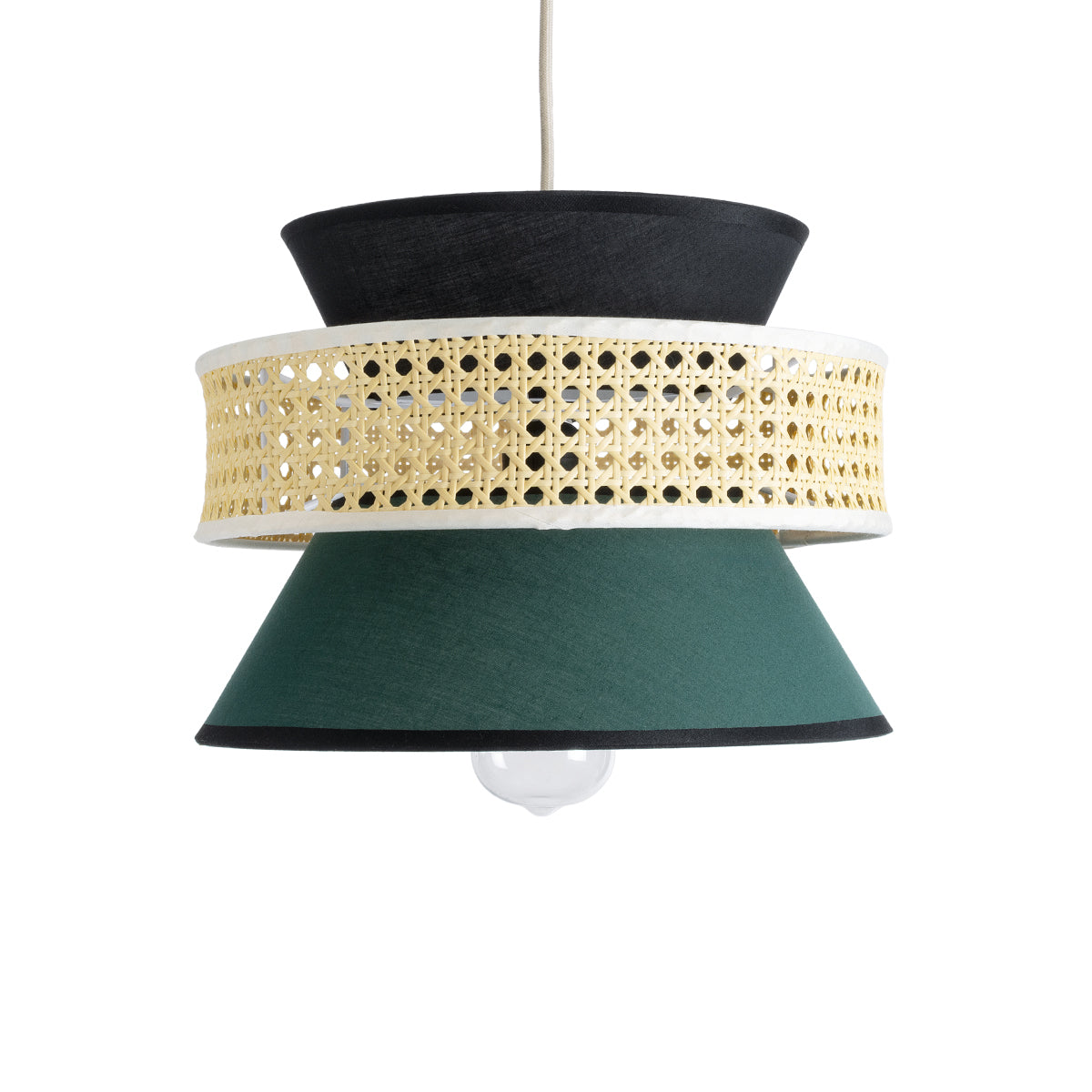 GloboStar® SAIGE 01915 Boho Κρεμαστό Φωτιστικό Οροφής Μονόφωτο 1 x E27 AC220-240V IP20 - Φ30 x Υ22cm - Μπεζ Μπαμπού Πλέγμα με Πράσινο και Μαύρο Υφασμάτινο Καπέλο - 5 Χρόνια Εγγύηση - ledmania.gr