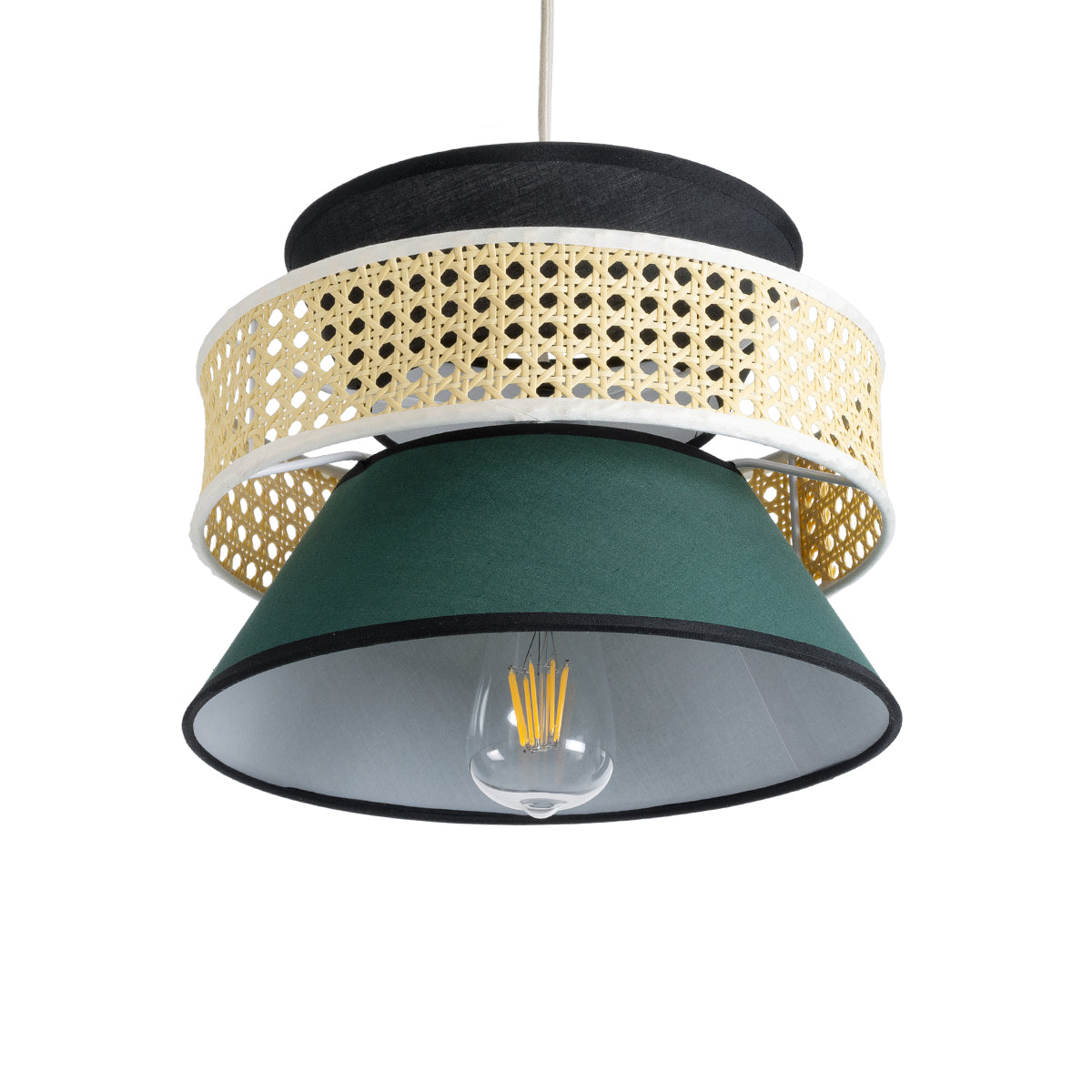 GloboStar® SAIGE 01915 Boho Κρεμαστό Φωτιστικό Οροφής Μονόφωτο 1 x E27 AC220-240V IP20 - Φ30 x Υ22cm - Μπεζ Μπαμπού Πλέγμα με Πράσινο και Μαύρο Υφασμάτινο Καπέλο - 5 Χρόνια Εγγύηση - ledmania.gr