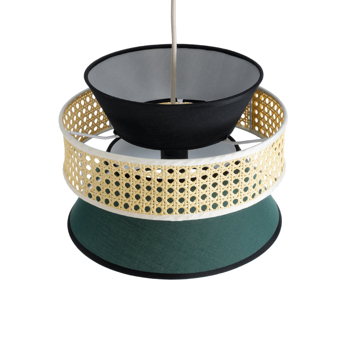 GloboStar® SAIGE 01915 Boho Κρεμαστό Φωτιστικό Οροφής Μονόφωτο 1 x E27 AC220-240V IP20 - Φ30 x Υ22cm - Μπεζ Μπαμπού Πλέγμα με Πράσινο και Μαύρο Υφασμάτινο Καπέλο - 5 Χρόνια Εγγύηση - ledmania.gr