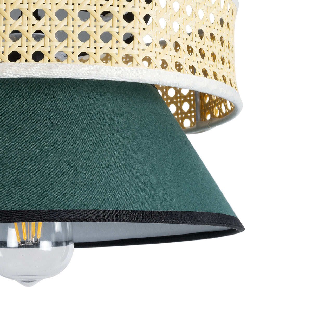 GloboStar® SAIGE 01915 Boho Κρεμαστό Φωτιστικό Οροφής Μονόφωτο 1 x E27 AC220-240V IP20 - Φ30 x Υ22cm - Μπεζ Μπαμπού Πλέγμα με Πράσινο και Μαύρο Υφασμάτινο Καπέλο - 5 Χρόνια Εγγύηση - ledmania.gr